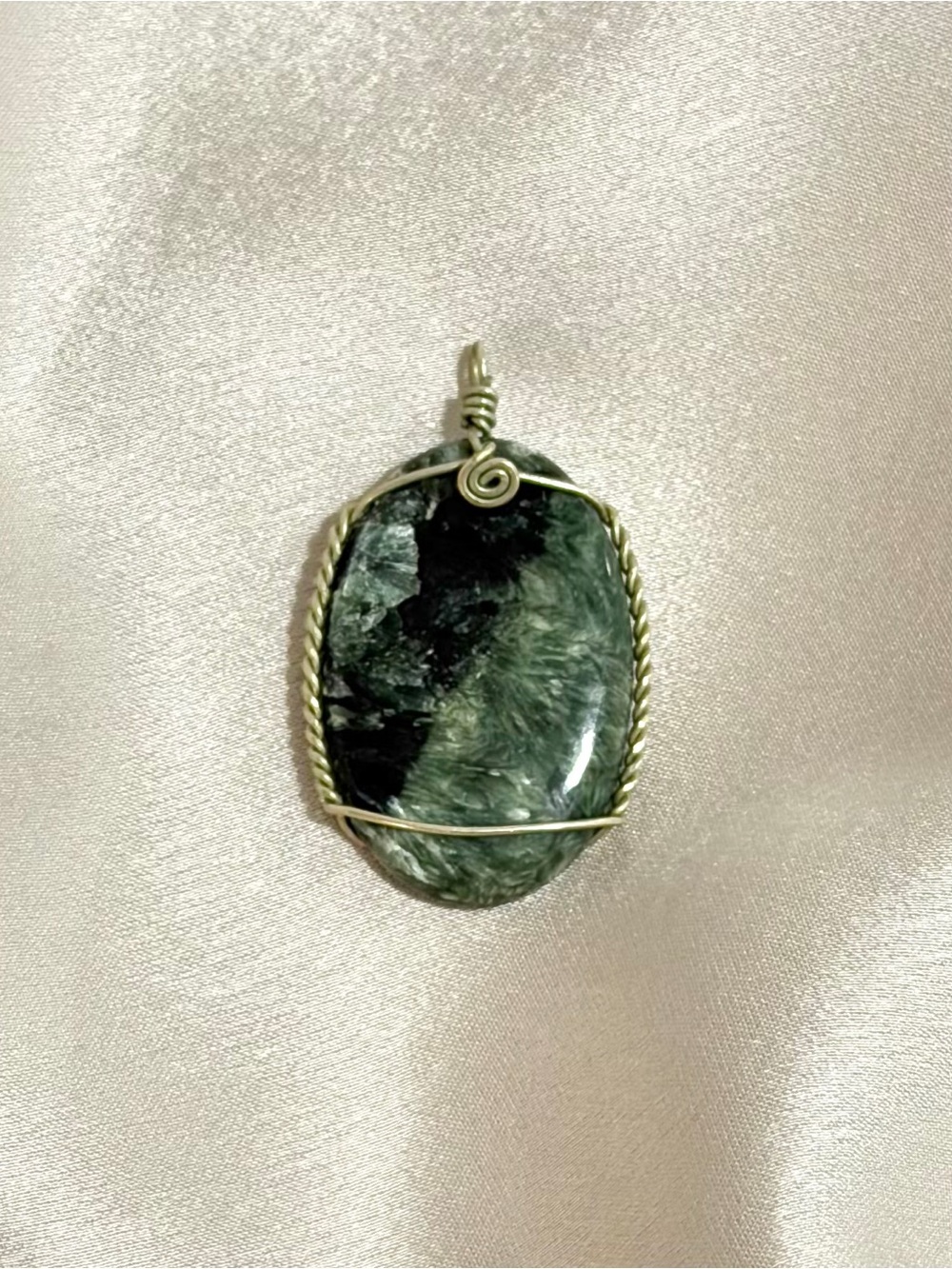 Handcrafted Green Seraphinite Oval Pendant with Silver Wire Wrap Vintage
